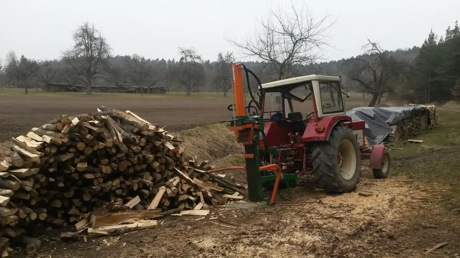 Traktor mit Spalter neben einem großen Stapel Meterholz auf dem Feld